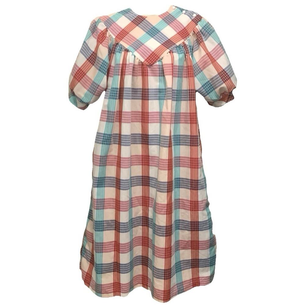 Vintage Plaid Smock Tent Dress Puff Sleeve Pockets USA Womens 8 Oversized Fit